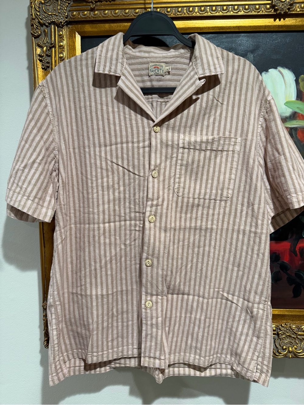 Faherty Beige and White Striped Short-Sleeve Button-Down
